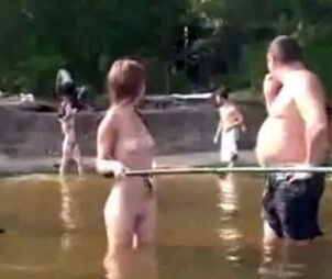 Tipsy young woman gang maidens naked weekend on the river,